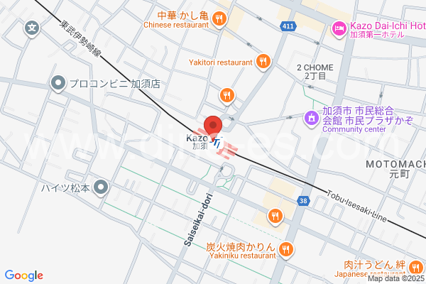 加須メンズエステの地図です。map of Kazo station where spa and massage salons are located