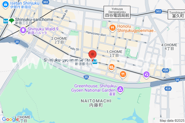 新宿御苑前メンズエステの地図です。map of Shinjuku GyoenMae station where spa and massage salons are located