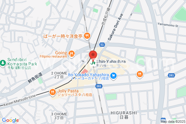 新八柱メンズエステの地図です。map of Shin-Yahashira station where spa and massage salons are located