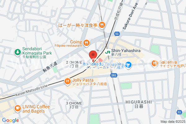 八柱メンズエステの地図です。map of Yabashira station where spa and massage salons are located