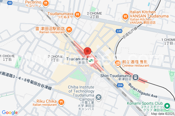 津田沼メンズエステの地図です。map of Tsudanuma station where spa and massage salons are located