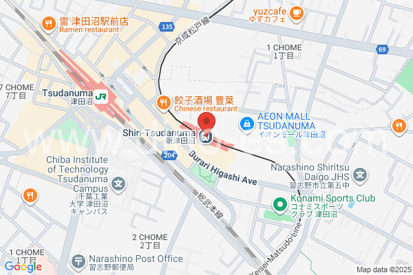 新津田沼メンズエステの地図です。map of Shin-Tsudanuma station where spa and massage salons are located